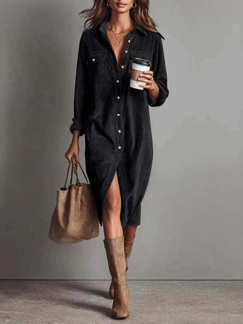 Long Sleeve Black Corduroy Dress